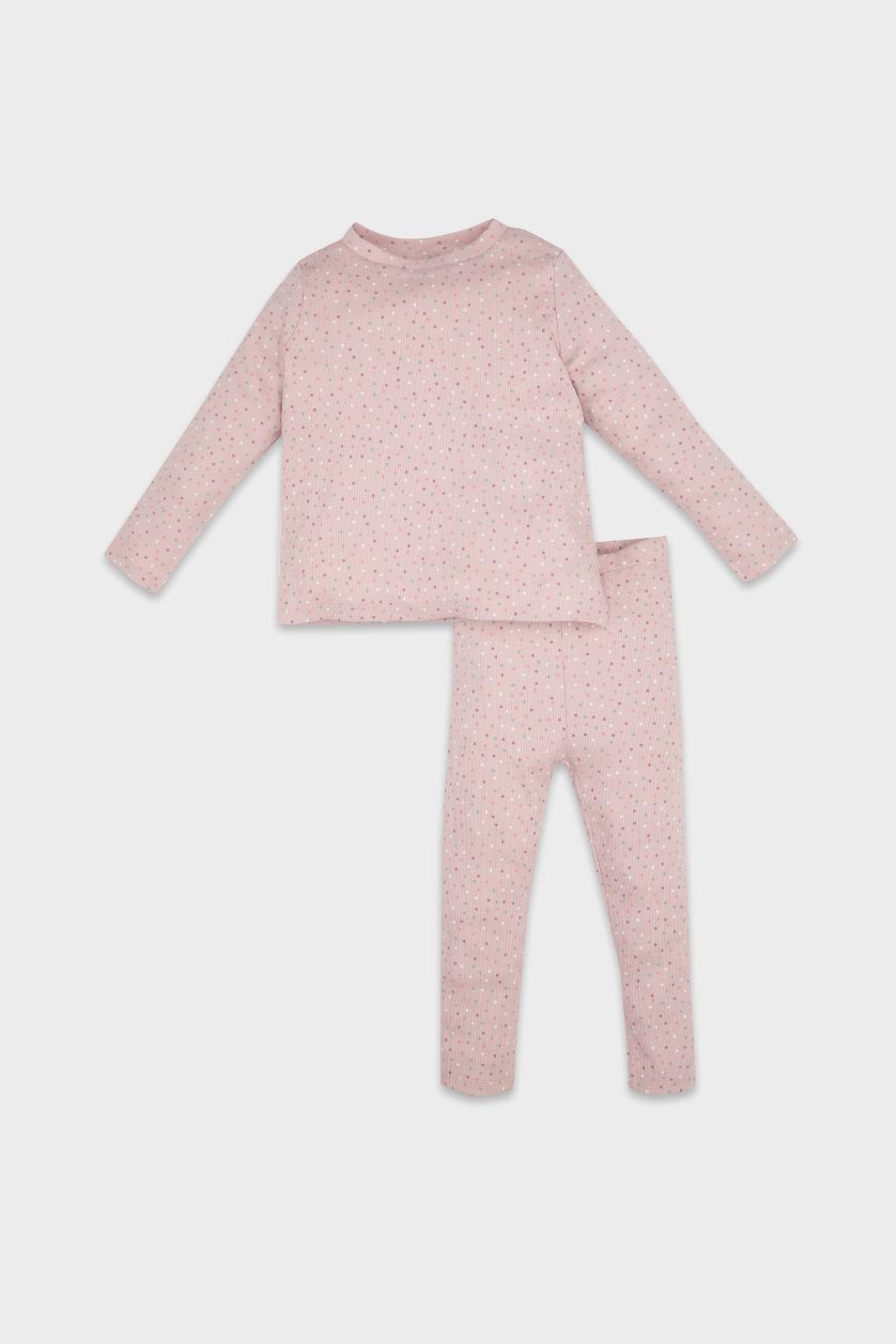 Kız Bebek Lila Kız Bebek Pijama Takımı Puantiyeli Fitilli Kaşkorse Uzun Kollu Üst Uzun Alt