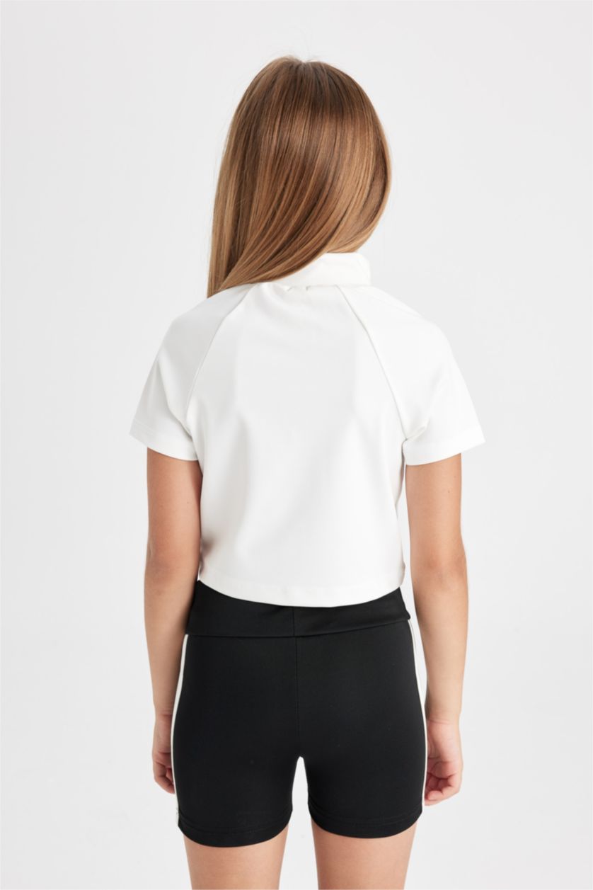 Kız Çocuk - Genç Kız Ekru Relax Fit Dik Yaka Fermuarlı Kısa Kollu Tişört Kız Çocuk