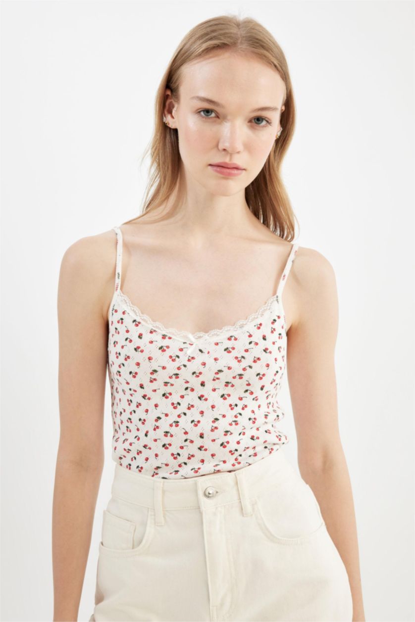 نساء أبيض تانك توب سليم بدون كم بنقشة فواكه