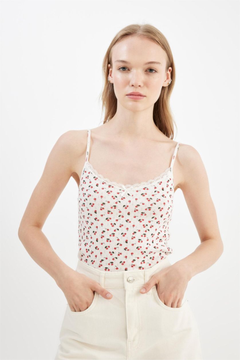 نساء أبيض تانك توب سليم بدون كم بنقشة فواكه