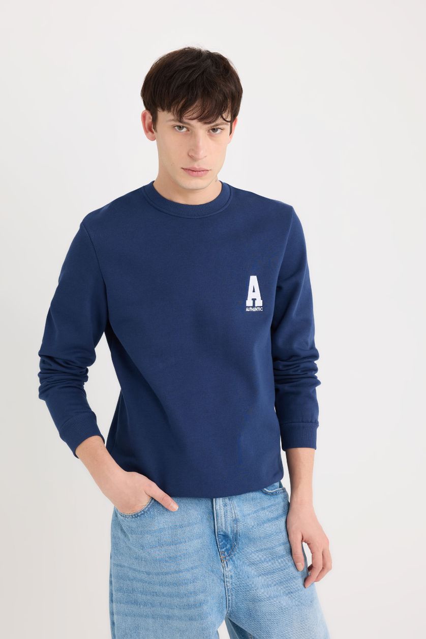 Erkek Lacivert New Regular Fit Bisiklet Yaka Baskılı Kalın Sweatshirt