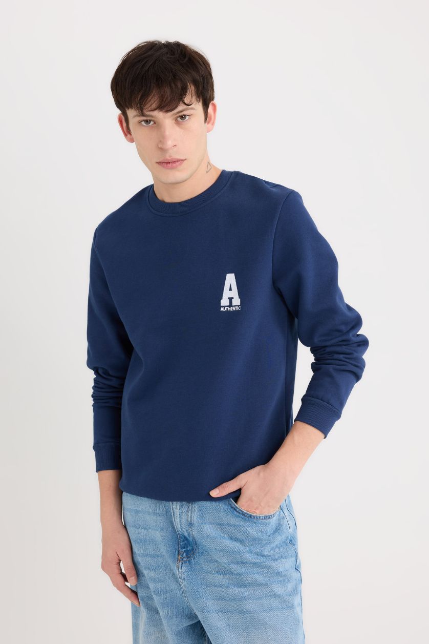 Erkek Lacivert New Regular Fit Bisiklet Yaka Baskılı Kalın Sweatshirt