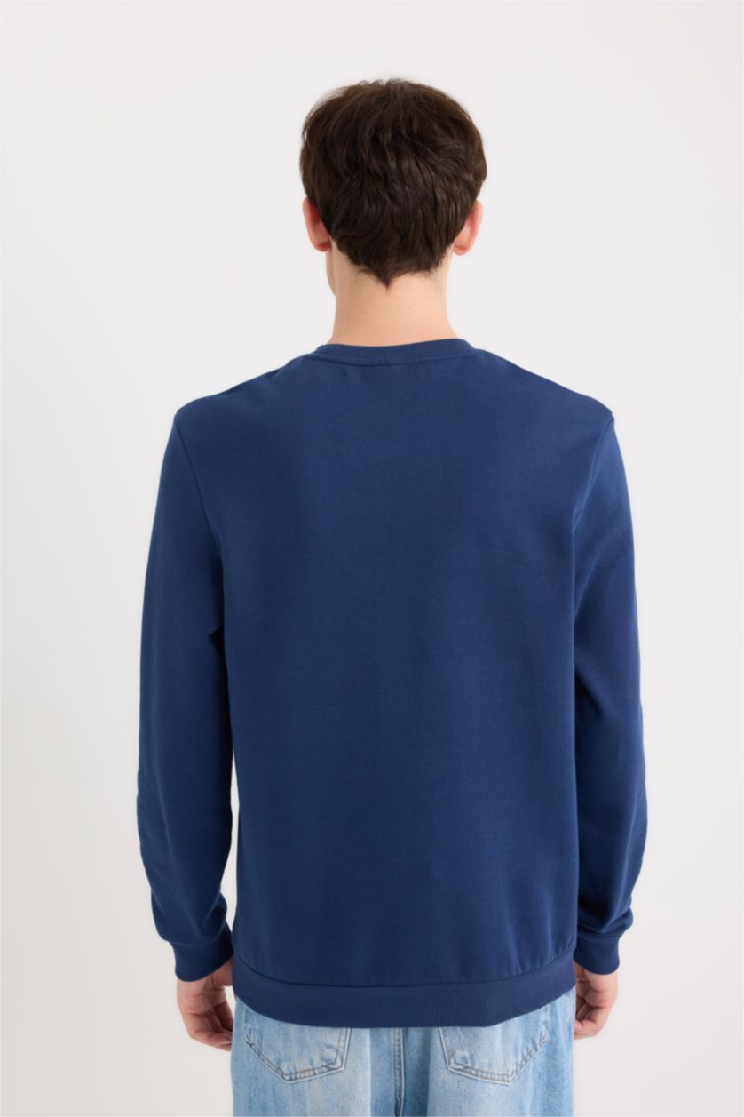 Erkek Lacivert New Regular Fit Bisiklet Yaka Baskılı Kalın Sweatshirt
