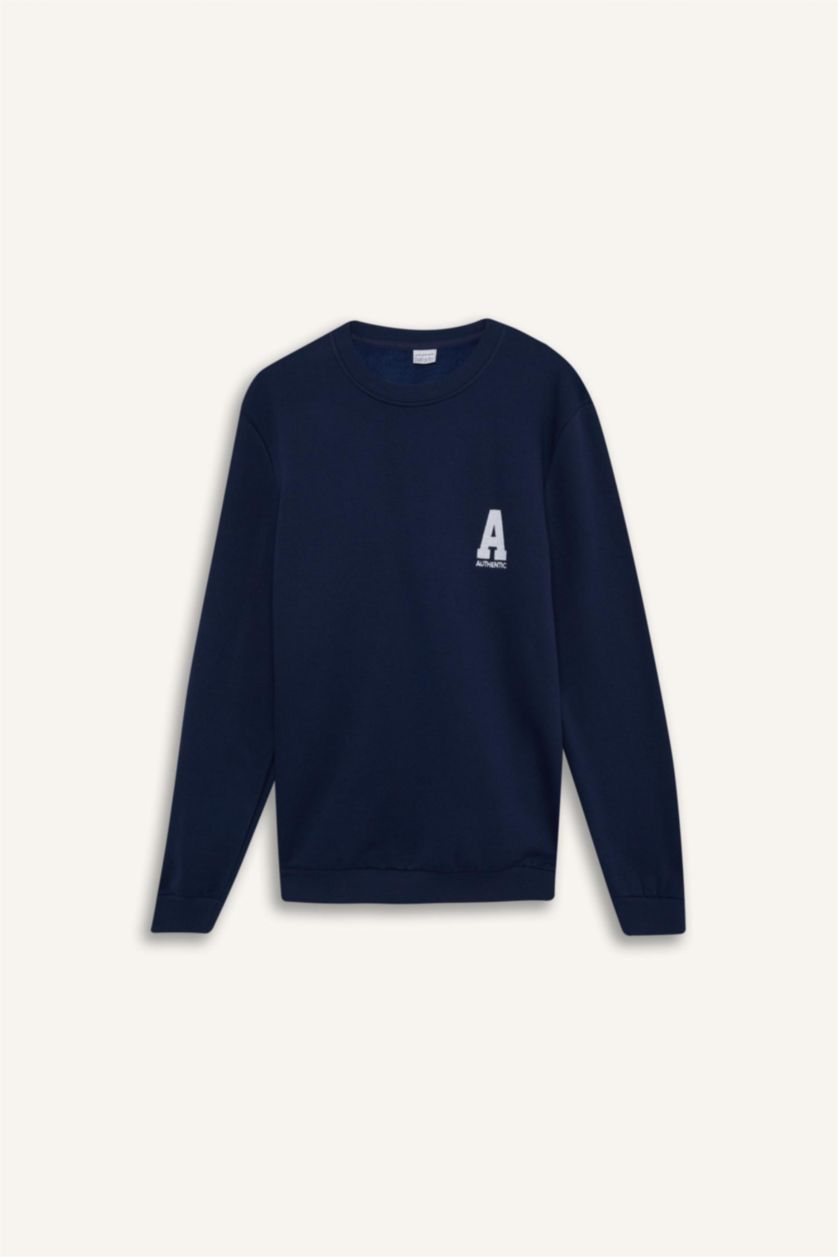 Erkek Lacivert New Regular Fit Bisiklet Yaka Baskılı Kalın Sweatshirt