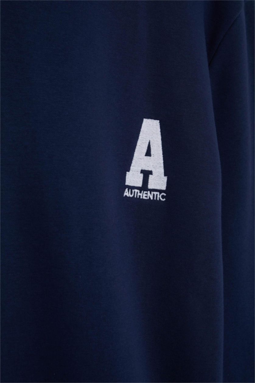 Erkek Lacivert New Regular Fit Bisiklet Yaka Baskılı Kalın Sweatshirt