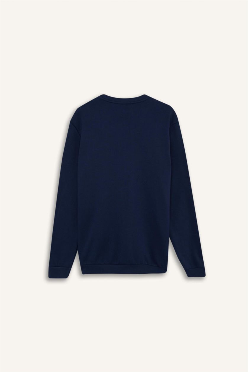 Erkek Lacivert New Regular Fit Bisiklet Yaka Baskılı Kalın Sweatshirt