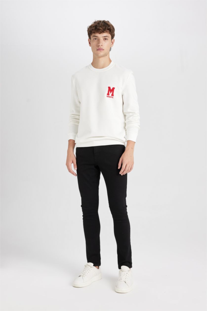 Erkek Kırık Beyaz New Regular Fit Bisiklet Yaka Baskılı Kalın Sweatshirt