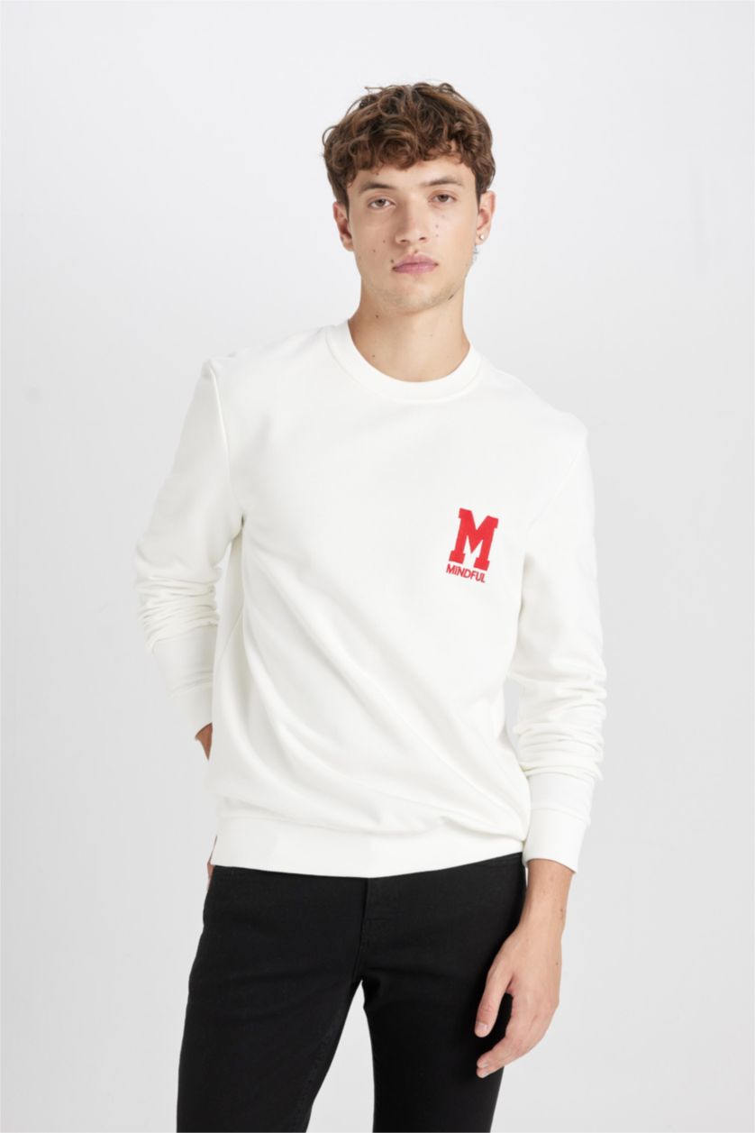 Erkek Kırık Beyaz New Regular Fit Bisiklet Yaka Baskılı Kalın Sweatshirt