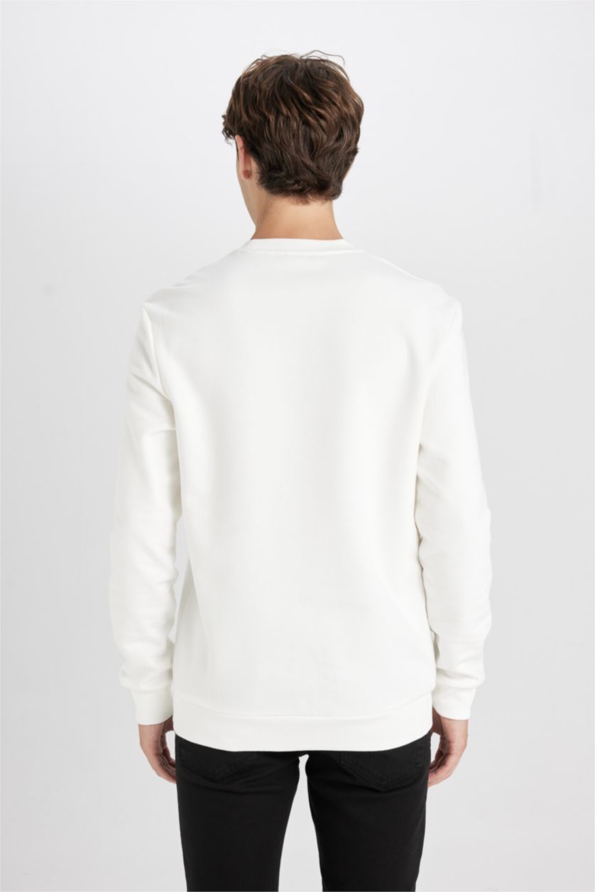 Erkek Kırık Beyaz New Regular Fit Bisiklet Yaka Baskılı Kalın Sweatshirt