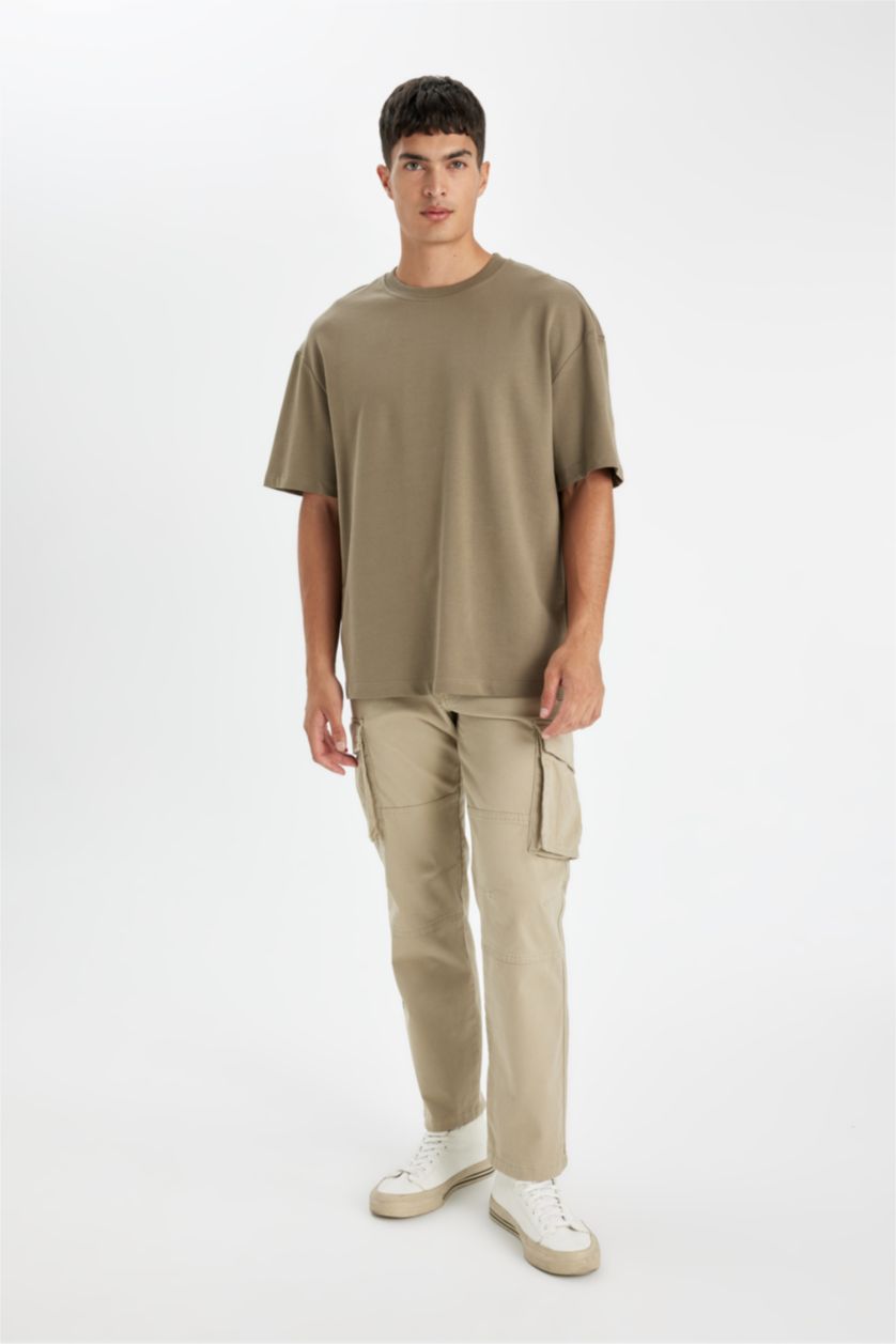 Erkek Haki Relax Fıt Sweatshirt Kumaşı Kısa Kollu Tişört