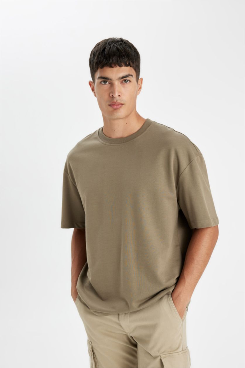 Erkek Haki Relax Fıt Sweatshirt Kumaşı Kısa Kollu Tişört