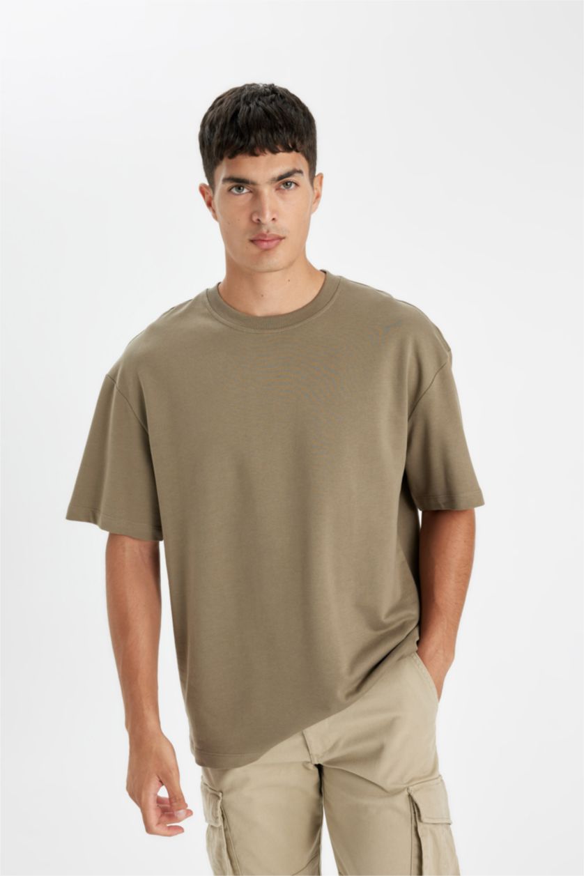 Erkek Haki Relax Fıt Sweatshirt Kumaşı Kısa Kollu Tişört