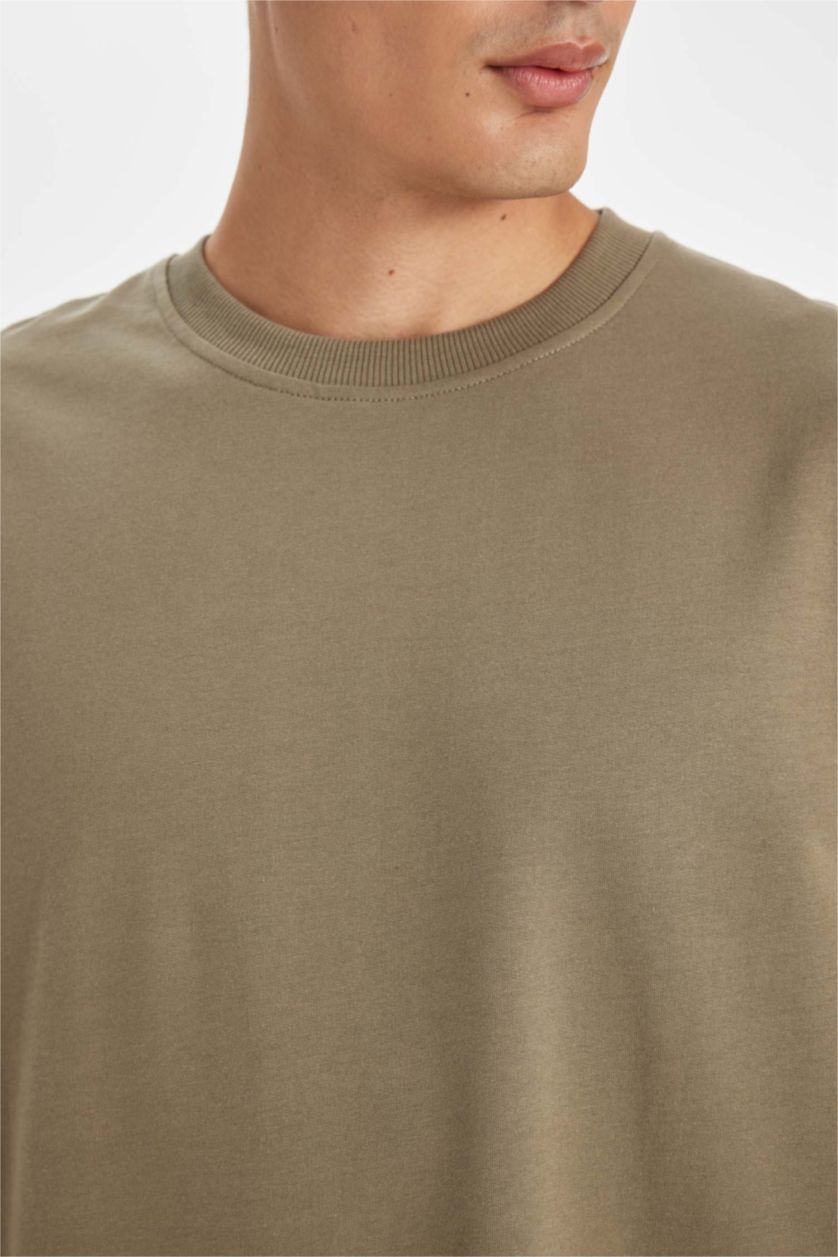 Erkek Haki Relax Fıt Sweatshirt Kumaşı Kısa Kollu Tişört