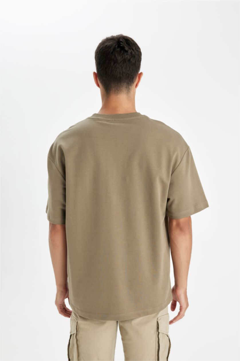 Erkek Haki Relax Fıt Sweatshirt Kumaşı Kısa Kollu Tişört