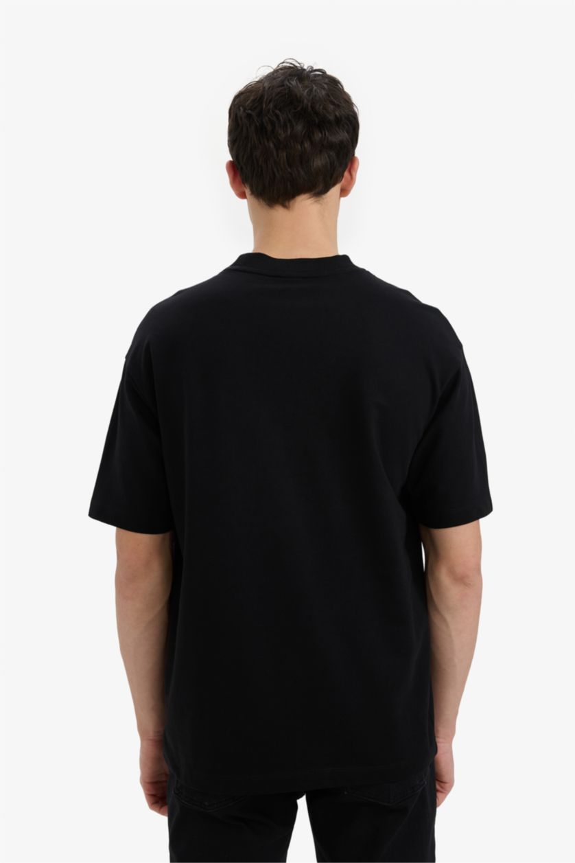 Man Black Cotton Relax Fit Crew Neck Basic Black T-Shirt