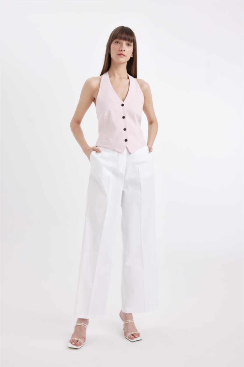 Kadın Pembe V Yaka Düğmeli Basic Düz Blazer Yelek