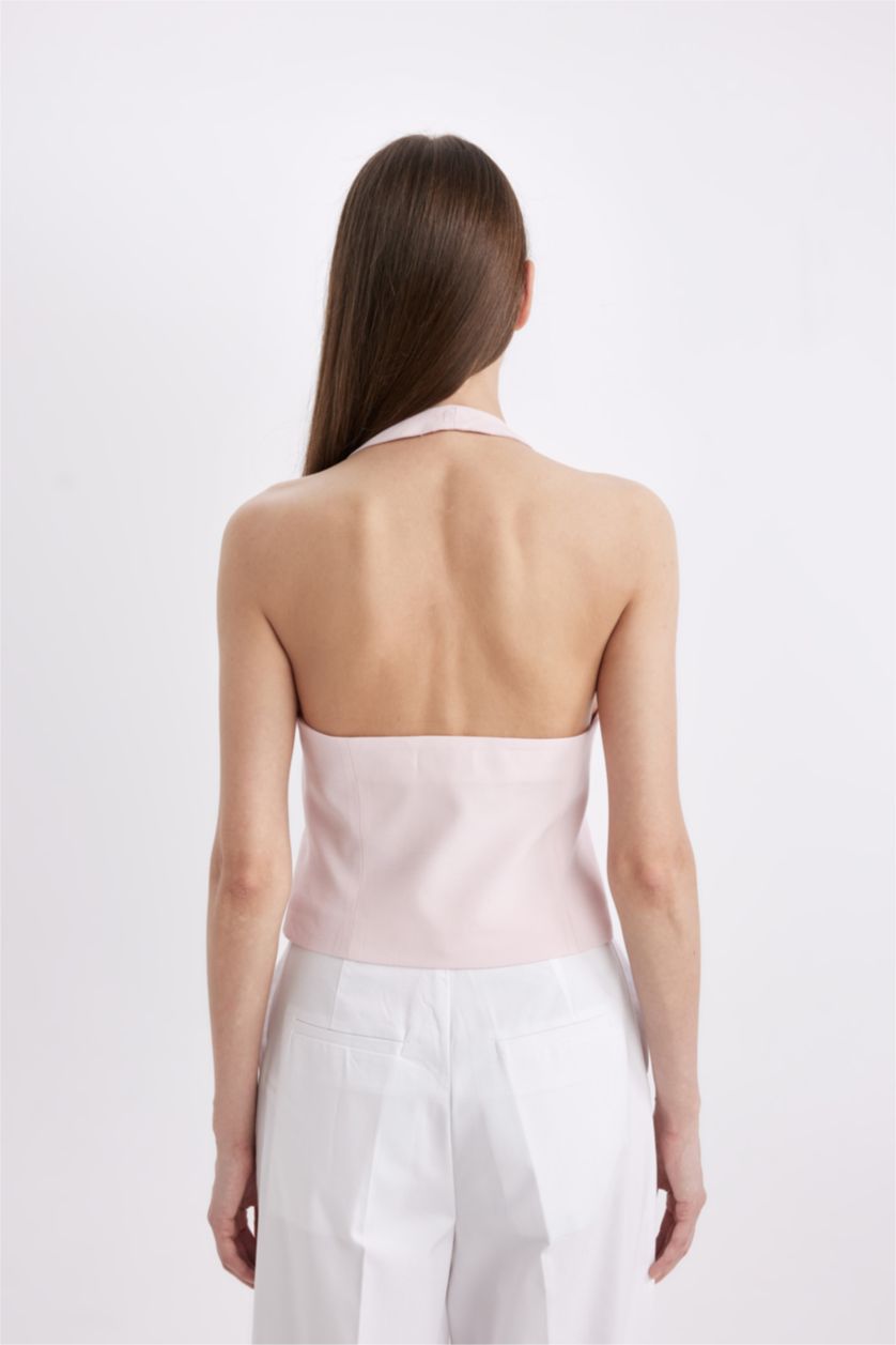 Kadın Pembe V Yaka Düğmeli Basic Düz Blazer Yelek