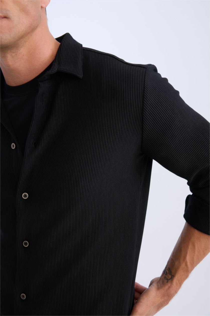 Erkek Siyah Modern Fıt Polo Yaka Uzun Kollu Gömlek