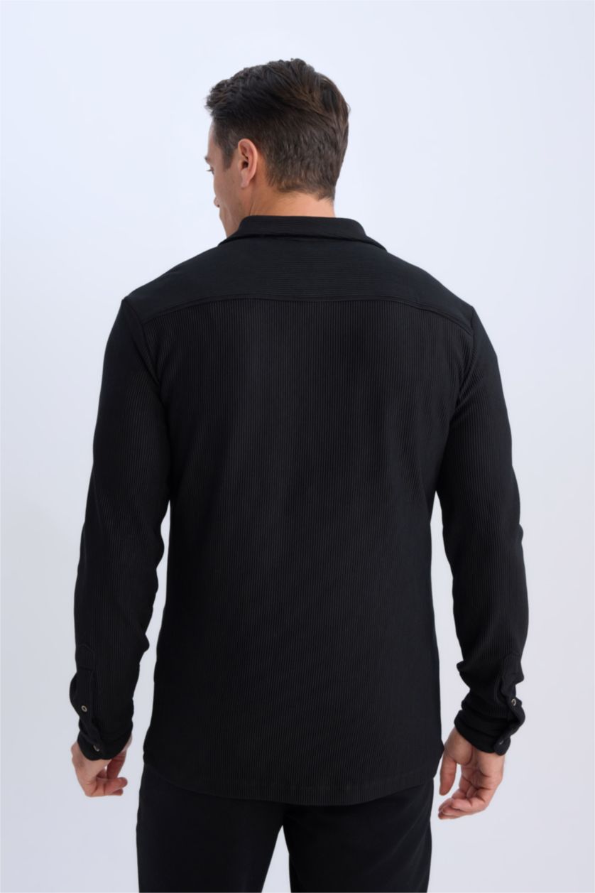 Erkek Siyah Modern Fıt Polo Yaka Uzun Kollu Gömlek