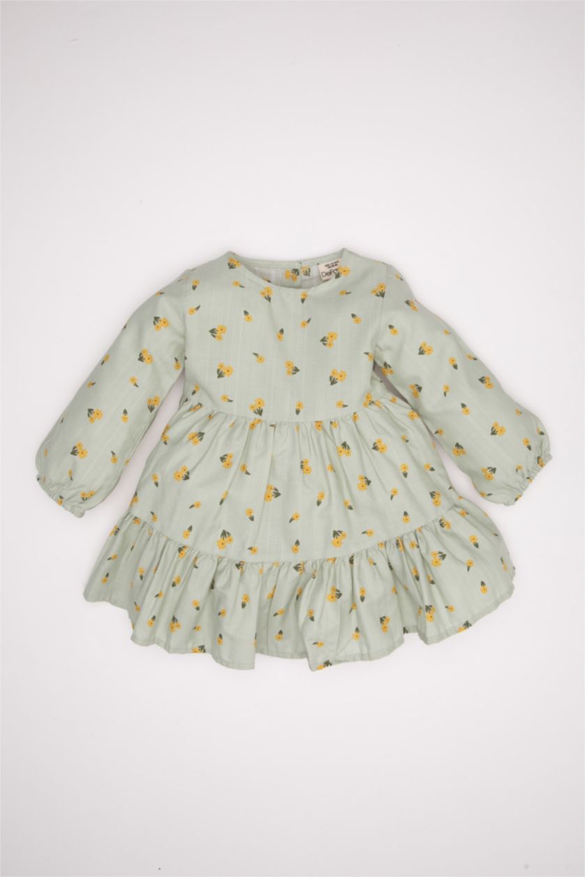 طفلة صغيرة نعناع فستان بناتي بنقشة الزهور مكشكش قصة عادية كم طويل برقبة مستديرة
