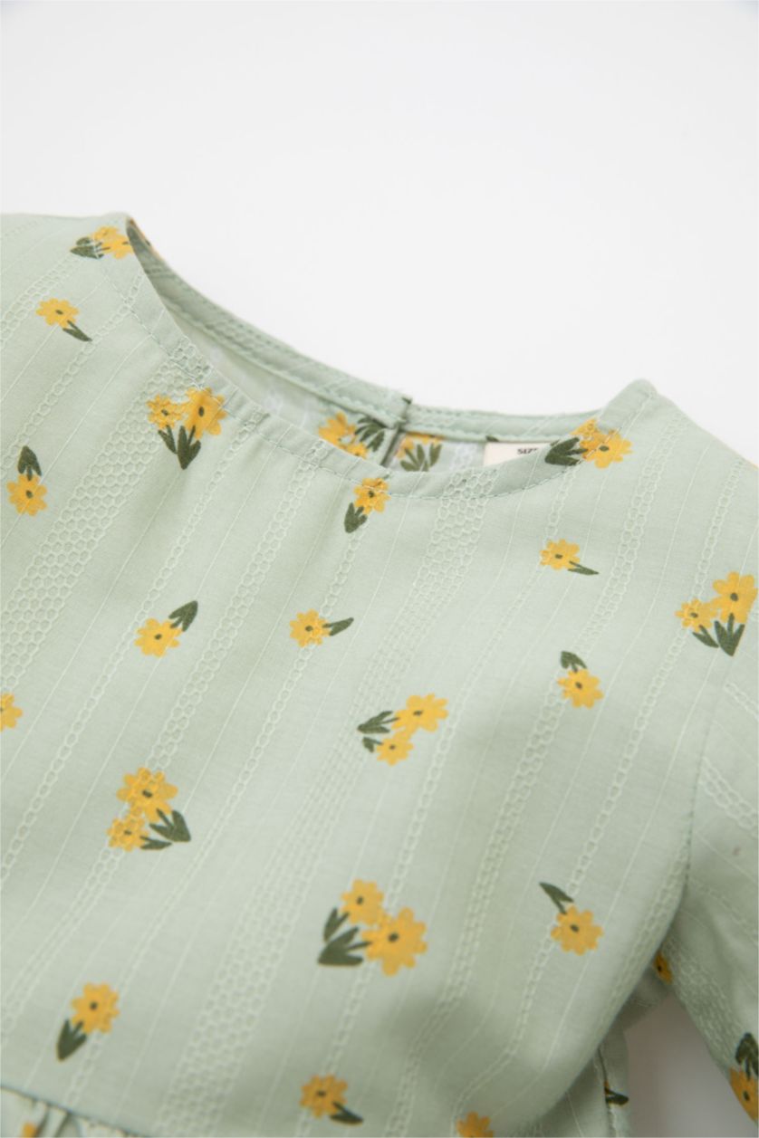 طفلة صغيرة نعناع فستان بناتي بنقشة الزهور مكشكش قصة عادية كم طويل برقبة مستديرة