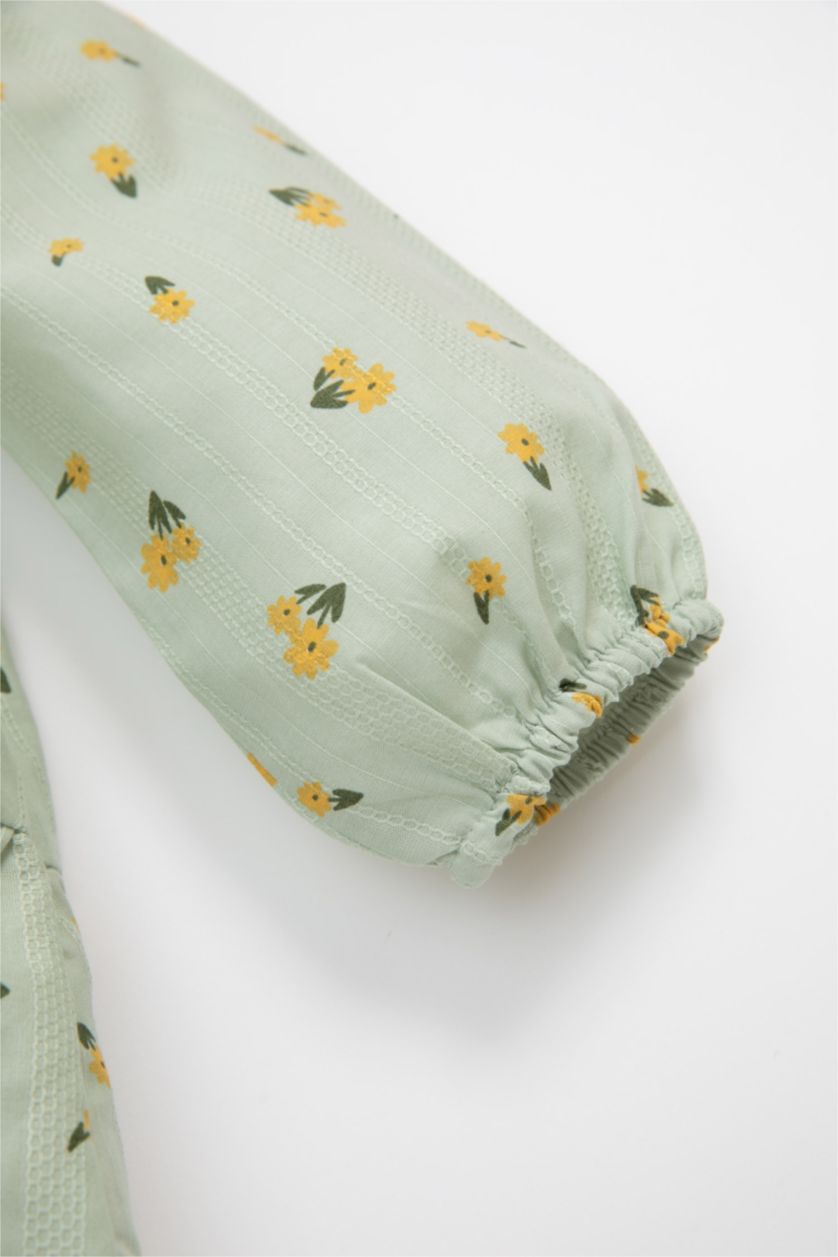 طفلة صغيرة نعناع فستان بناتي بنقشة الزهور مكشكش قصة عادية كم طويل برقبة مستديرة