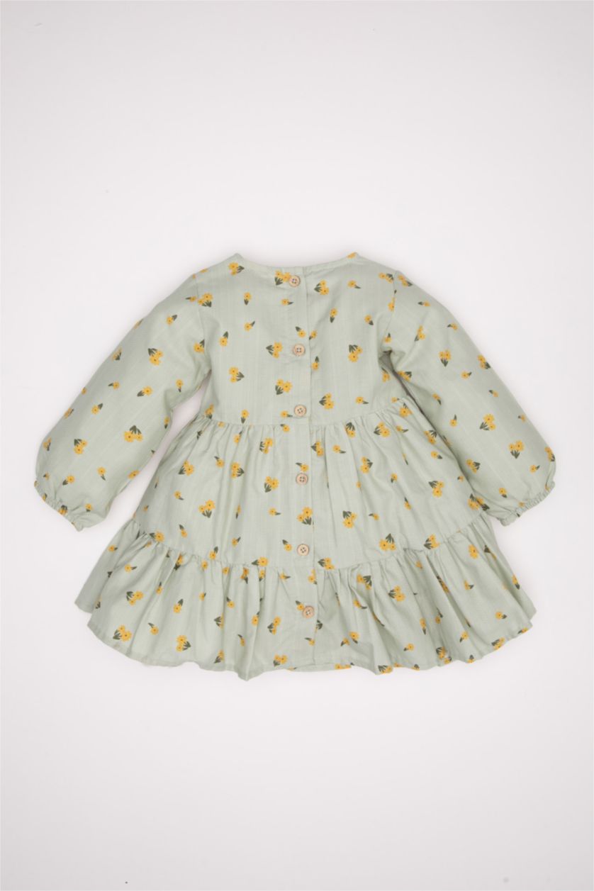 طفلة صغيرة نعناع فستان بناتي بنقشة الزهور مكشكش قصة عادية كم طويل برقبة مستديرة