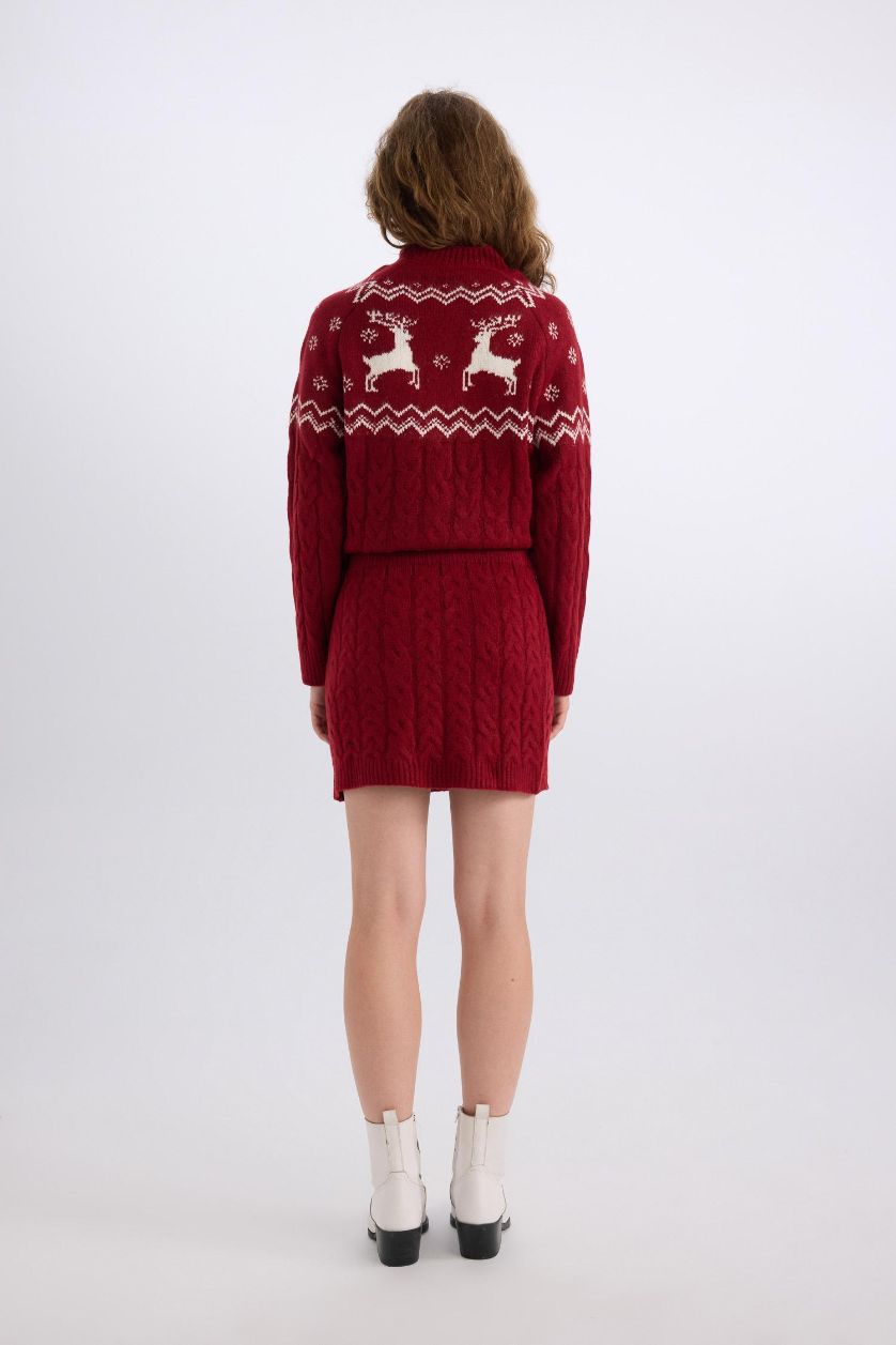 Kadın Kırmızı Slim Fit Dar Kesim Mini Triko Etek