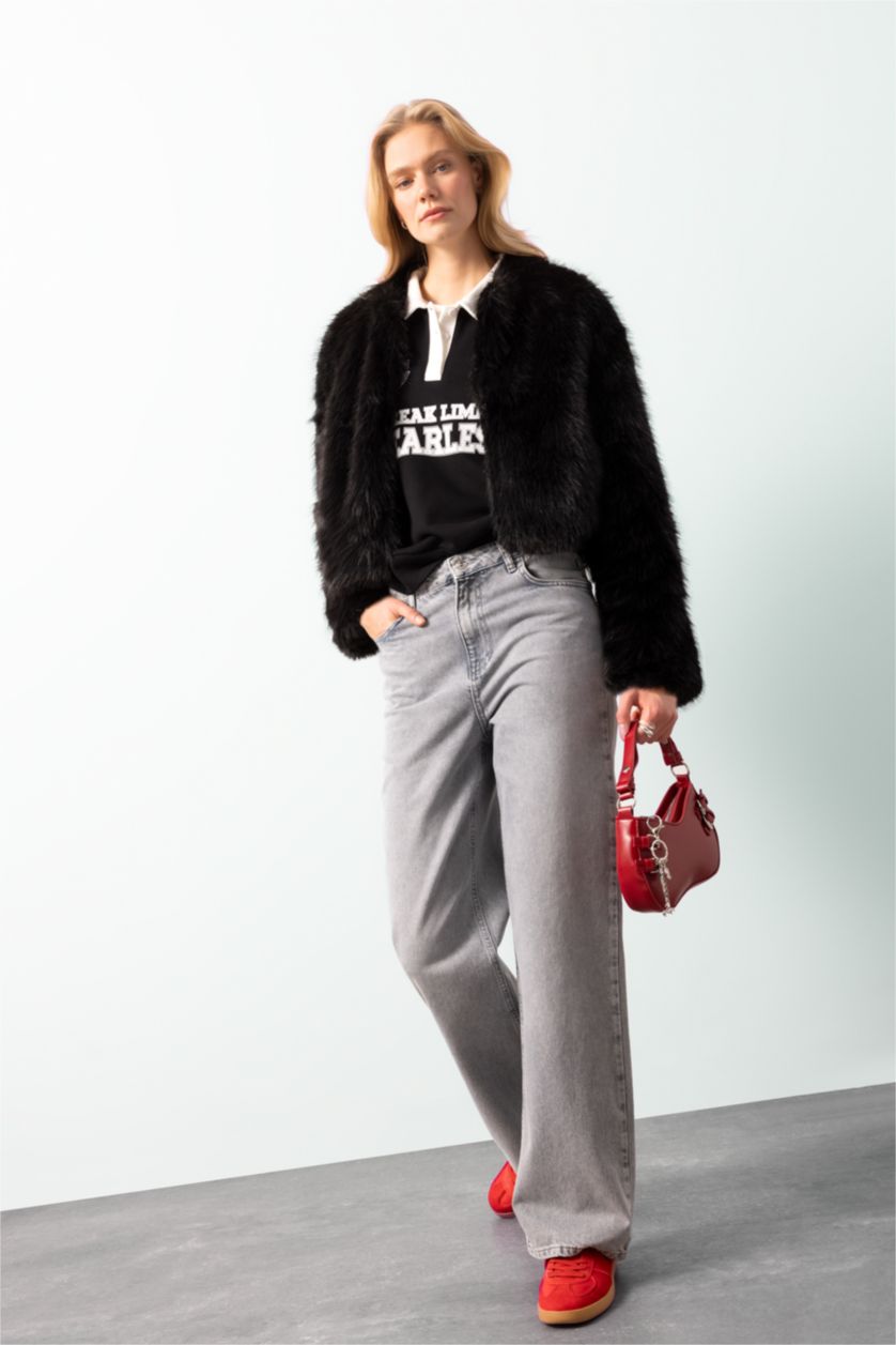 Kadın Siyah Astarlı Cepli Siyah Kısa Suni Kürk Ceket