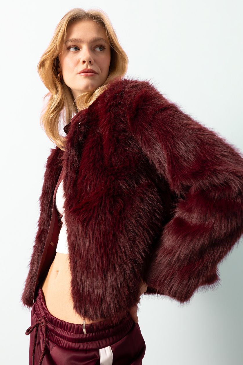 Kadın Bordo Astarlı Cepli Bordo Kısa Suni Kürk Ceket