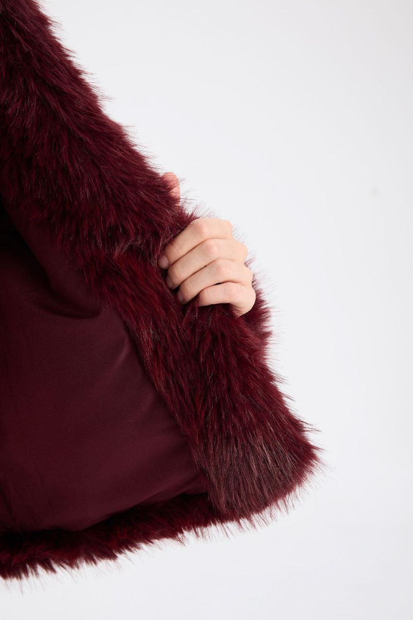 Kadın Bordo Astarlı Cepli Bordo Kısa Suni Kürk Ceket