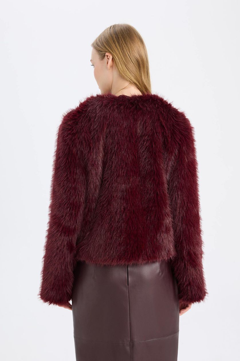 Kadın Bordo Astarlı Cepli Bordo Kısa Suni Kürk Ceket