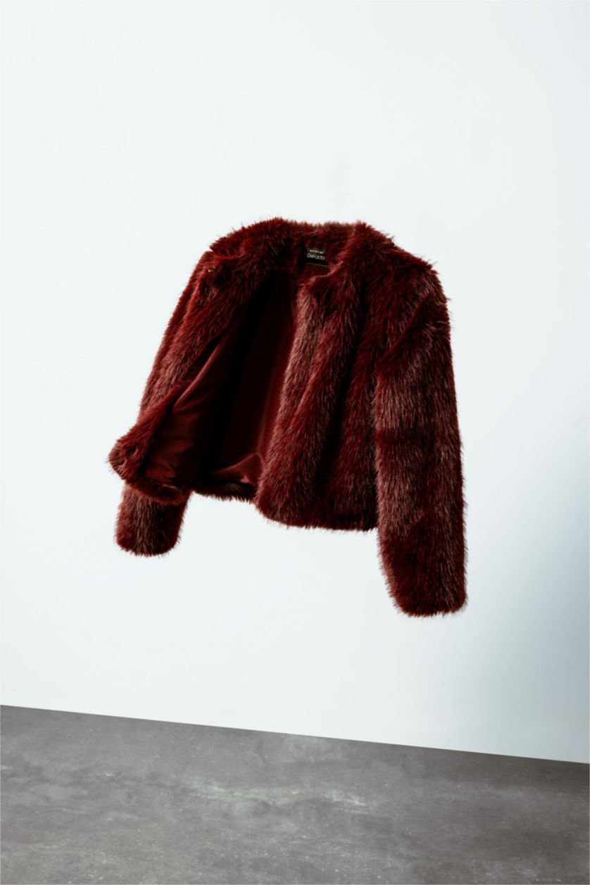 Kadın Bordo Astarlı Cepli Bordo Kısa Suni Kürk Ceket