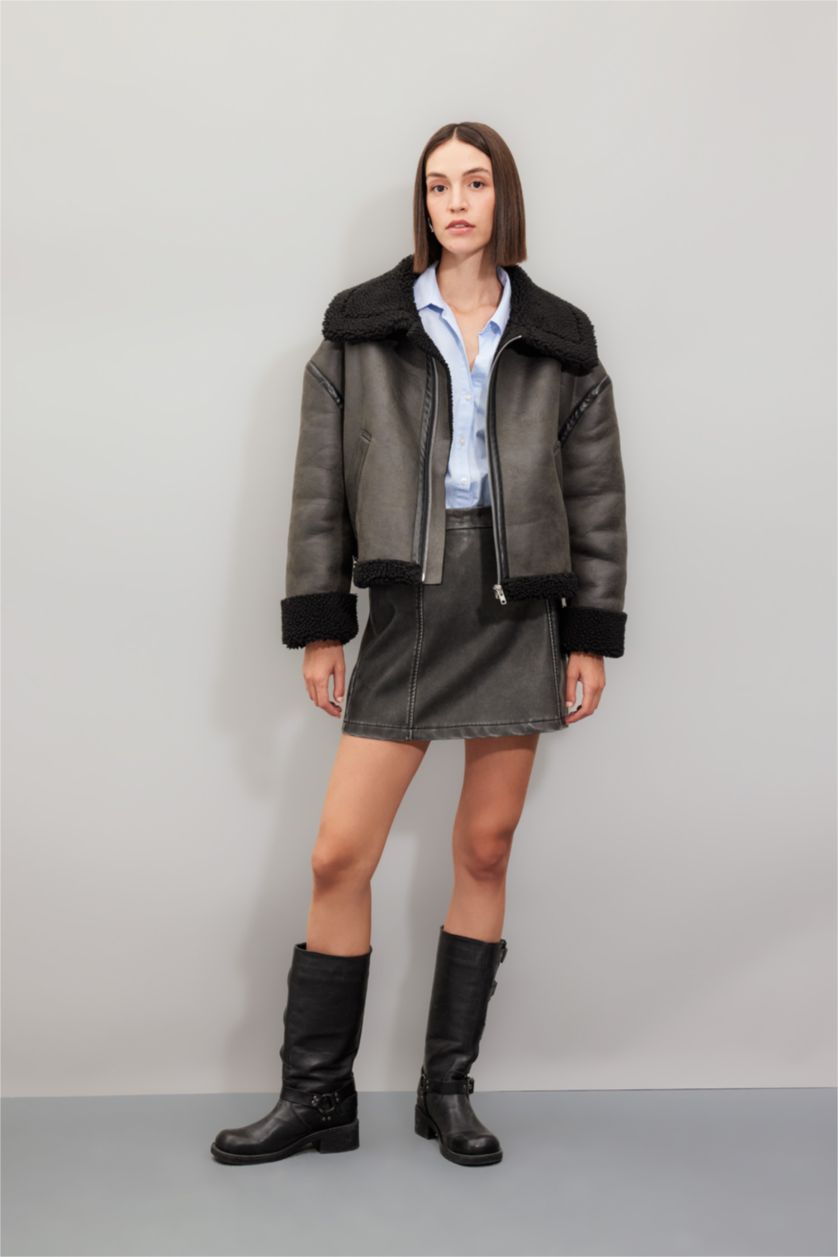 Kadın Haki Polo Yaka  Suni Deri Mont Fermualı Cepli Mevsimlik Pelüş Astarlı