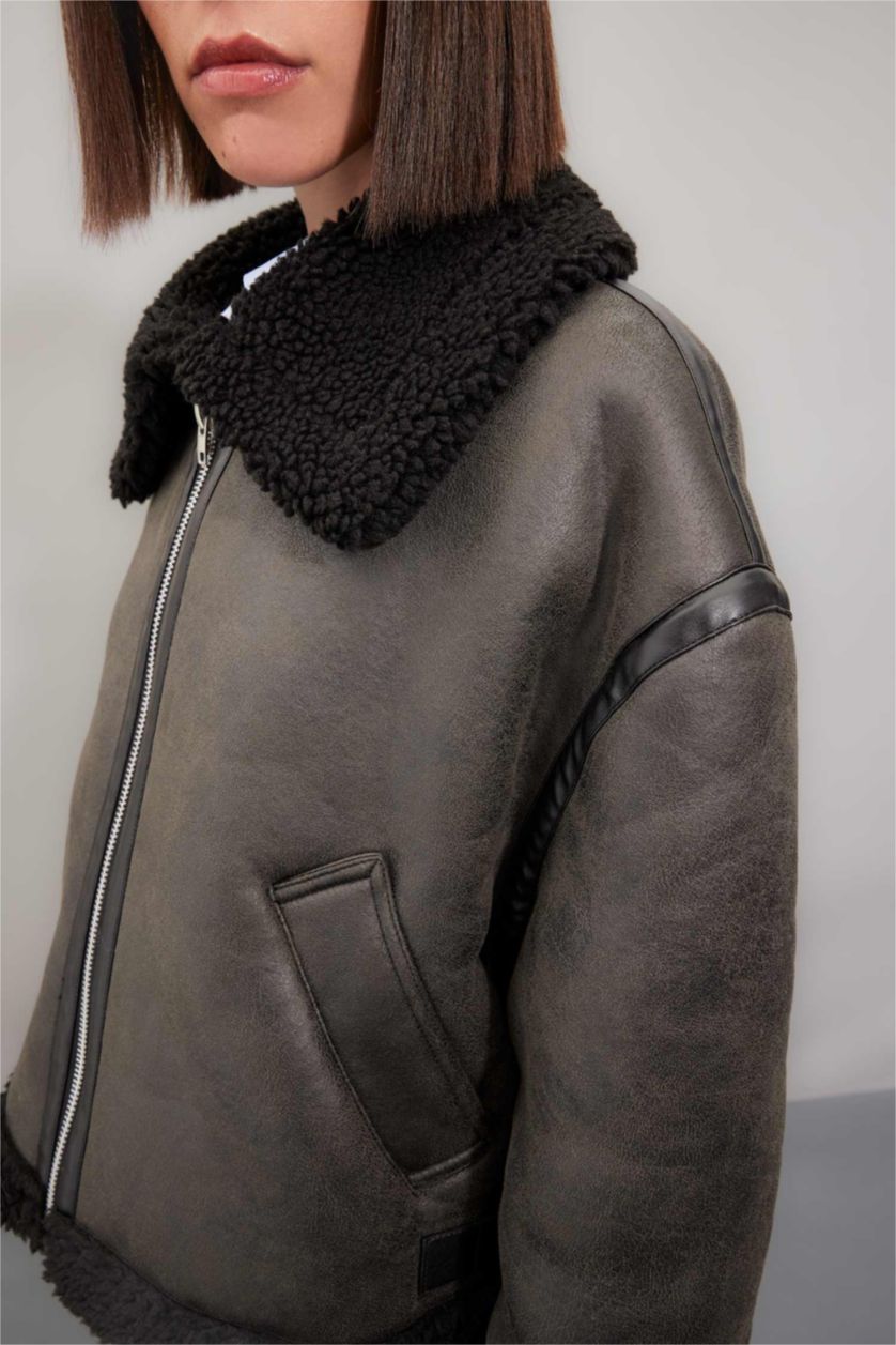 Kadın Haki Polo Yaka  Suni Deri Mont Fermualı Cepli Mevsimlik Pelüş Astarlı