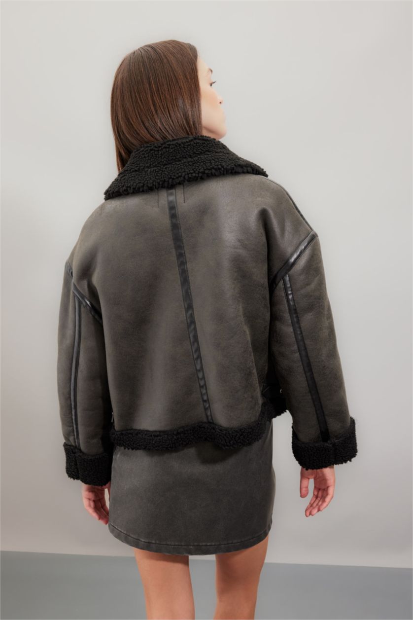 Kadın Haki Polo Yaka  Suni Deri Mont Fermualı Cepli Mevsimlik Pelüş Astarlı