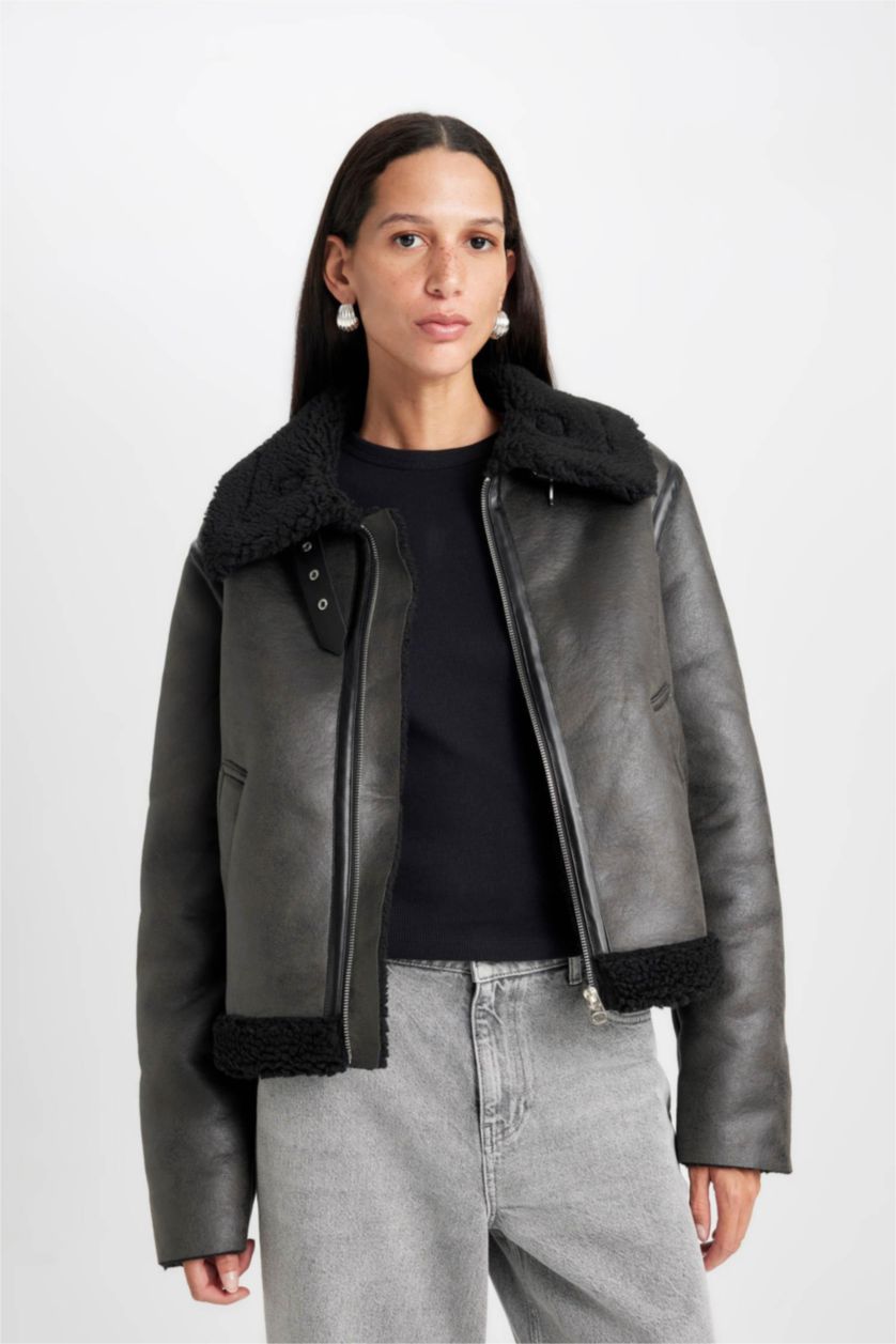 Kadın Haki Polo Yaka  Suni Deri Mont Fermualı Cepli Mevsimlik Pelüş Astarlı