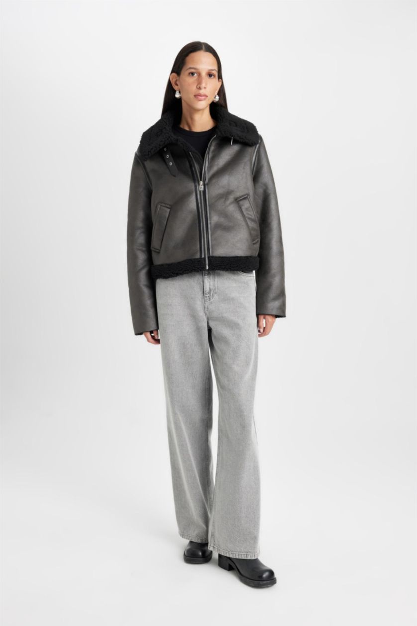 Kadın Haki Polo Yaka  Suni Deri Mont Fermualı Cepli Mevsimlik Pelüş Astarlı