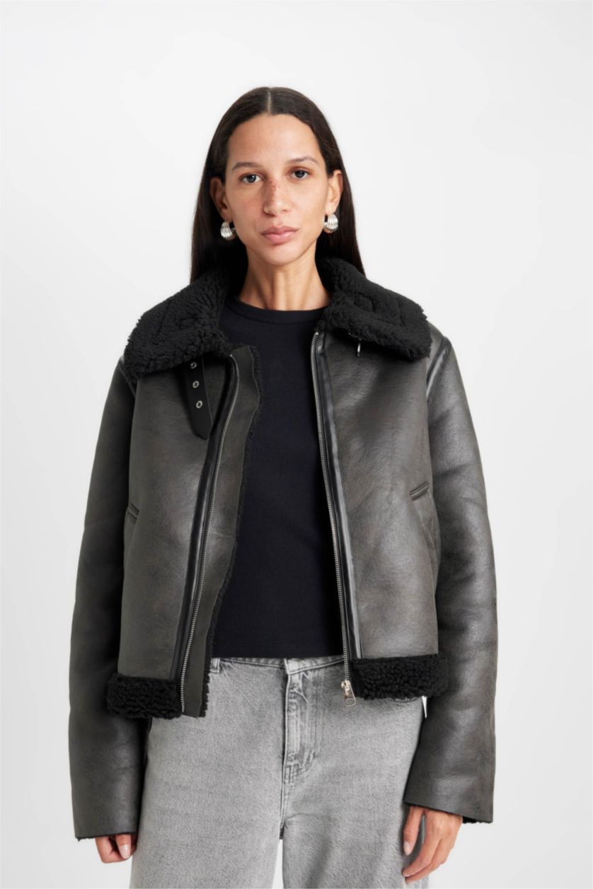 Kadın Haki Polo Yaka  Suni Deri Mont Fermualı Cepli Mevsimlik Pelüş Astarlı