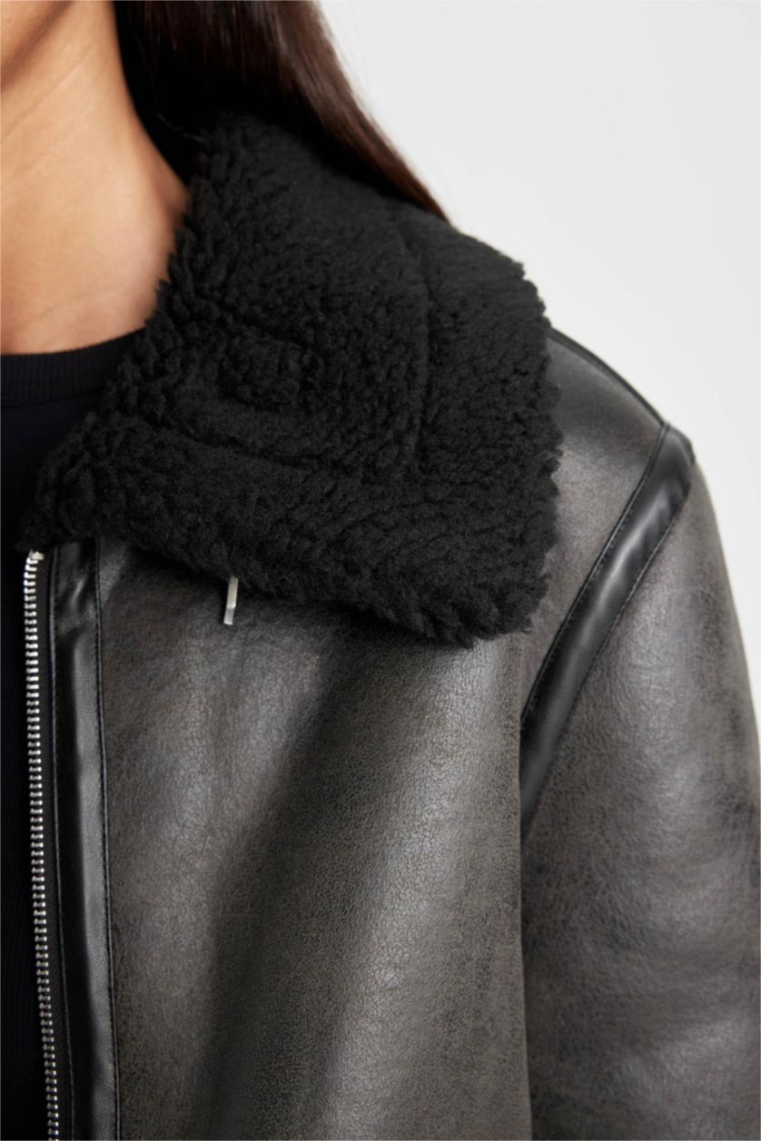 Kadın Haki Polo Yaka  Suni Deri Mont Fermualı Cepli Mevsimlik Pelüş Astarlı