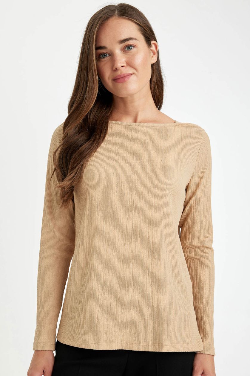 WOMAN Sand Regular Fit Boat Neck Burgundy Long Sleeve T-Shirt