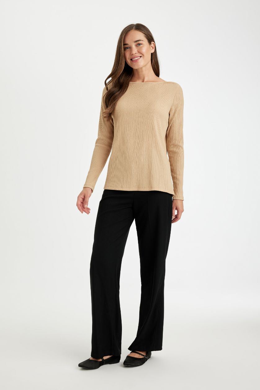 WOMAN Sand Regular Fit Boat Neck Burgundy Long Sleeve T-Shirt