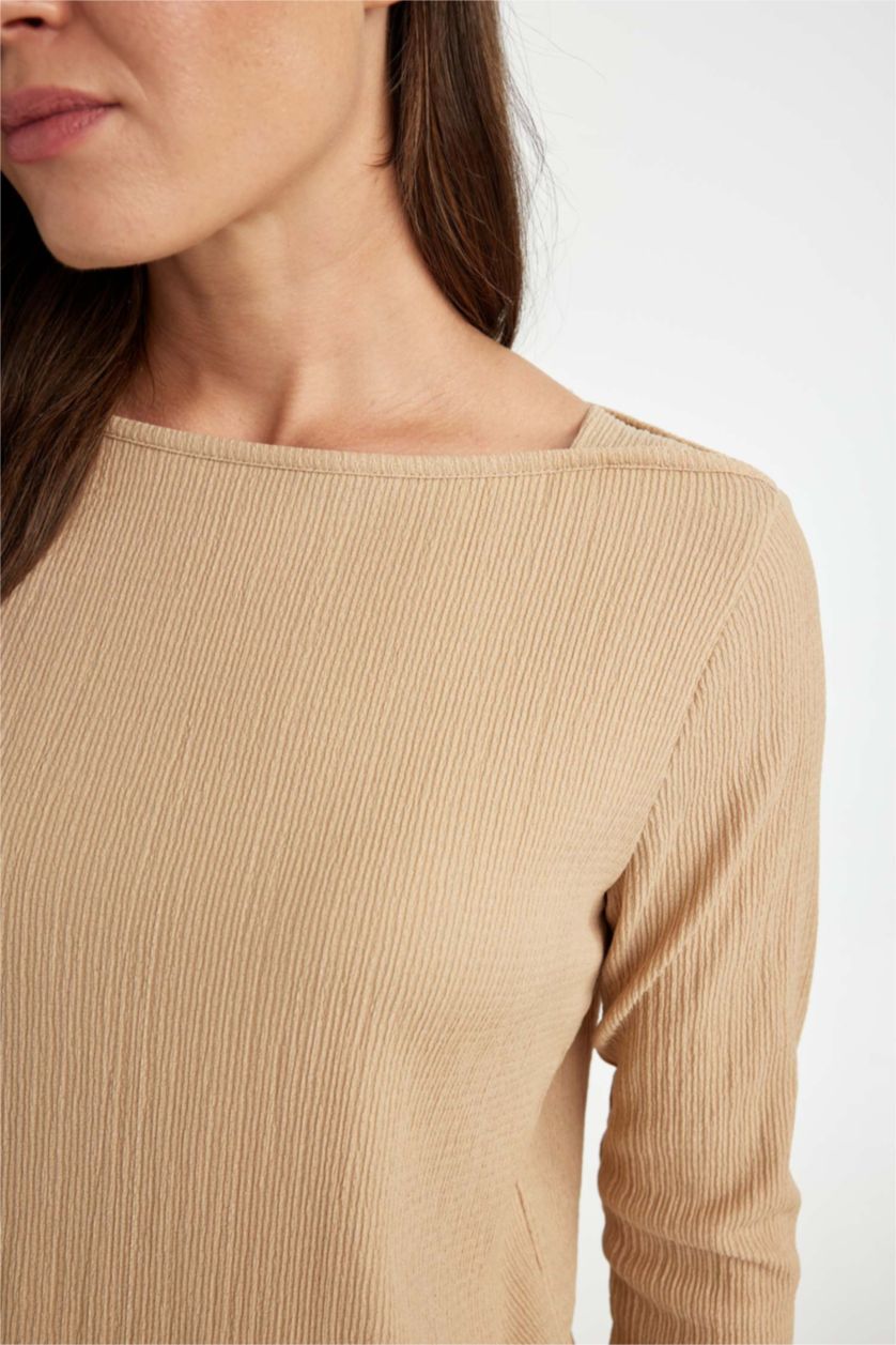 WOMAN Sand Regular Fit Boat Neck Burgundy Long Sleeve T-Shirt