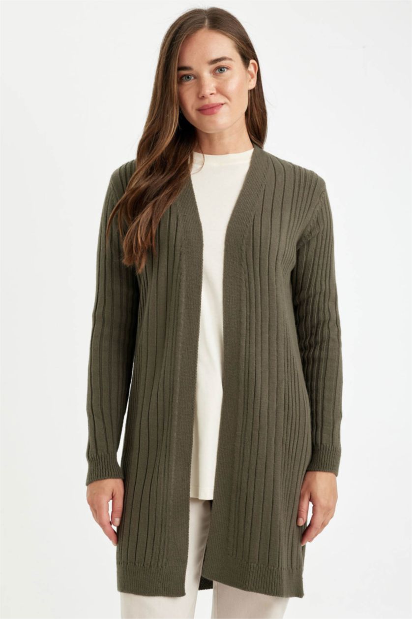 نساء كاكي داكن كارديجان طويل تريكو قصة عادية برقبة شال