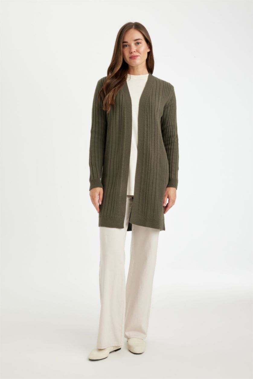 نساء كاكي داكن كارديجان طويل تريكو قصة عادية برقبة شال