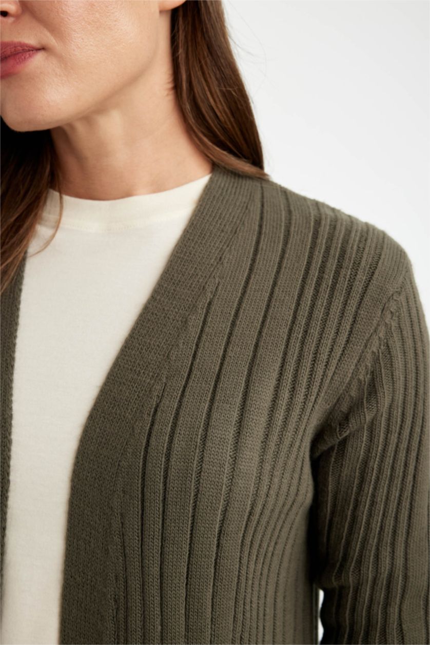 نساء كاكي داكن كارديجان طويل تريكو قصة عادية برقبة شال