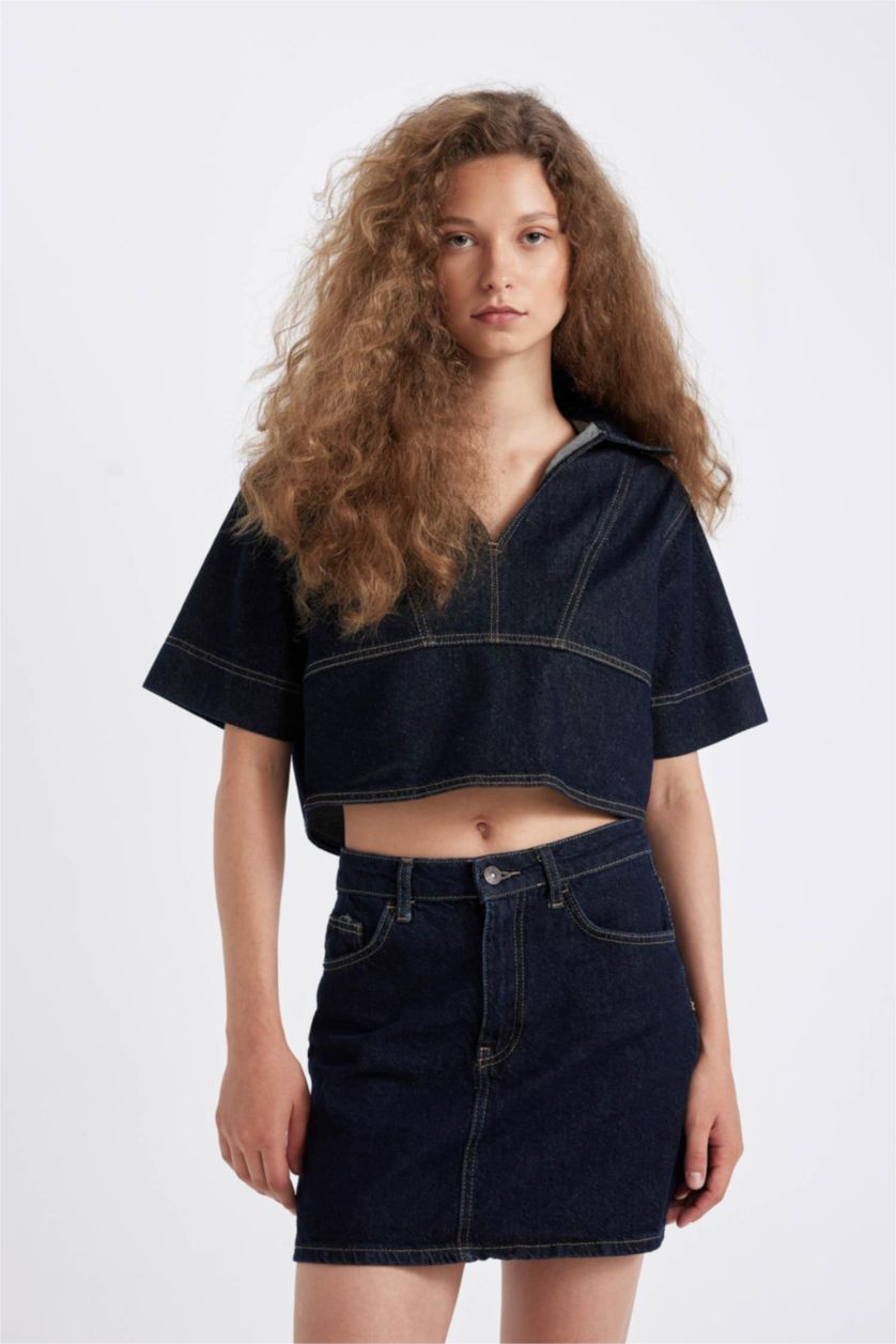 WOMAN Dark Blue Fashion Fit Short Sleeve Denim Blouse