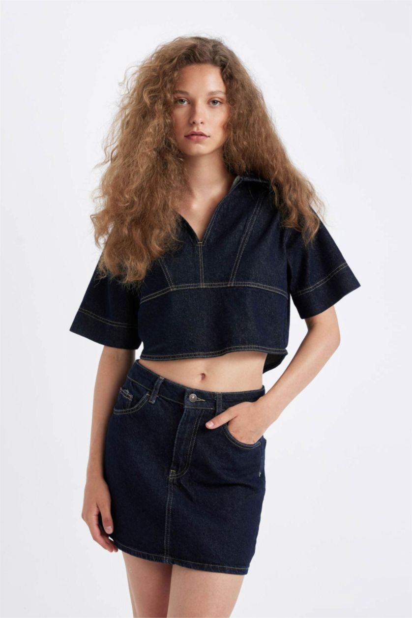 WOMAN Dark Blue Fashion Fit Short Sleeve Denim Blouse