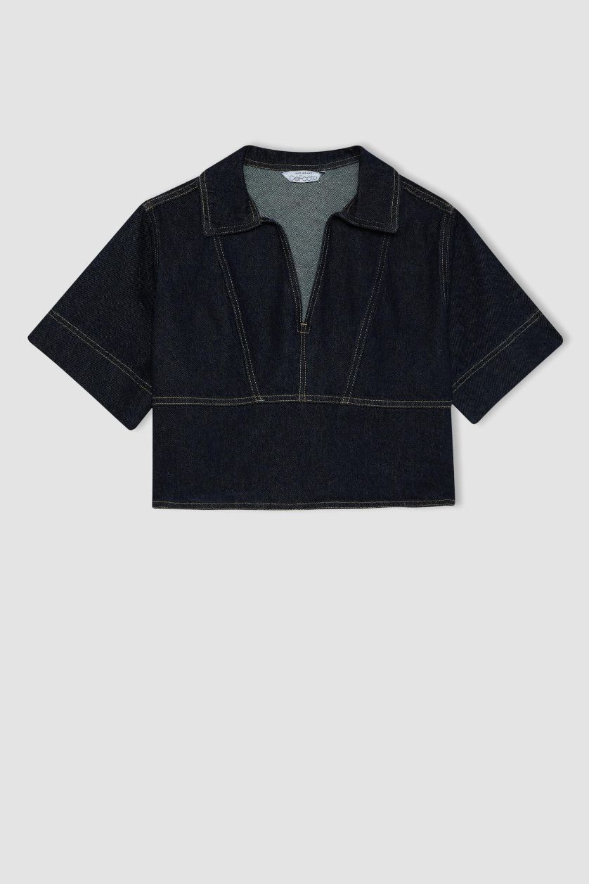 WOMAN Dark Blue Fashion Fit Short Sleeve Denim Blouse