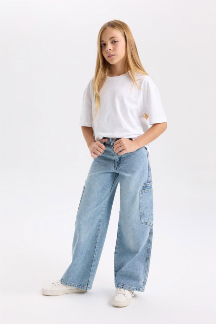 Girls & Teens Blue Girl Wide Leg Pocket Cargo Jeans